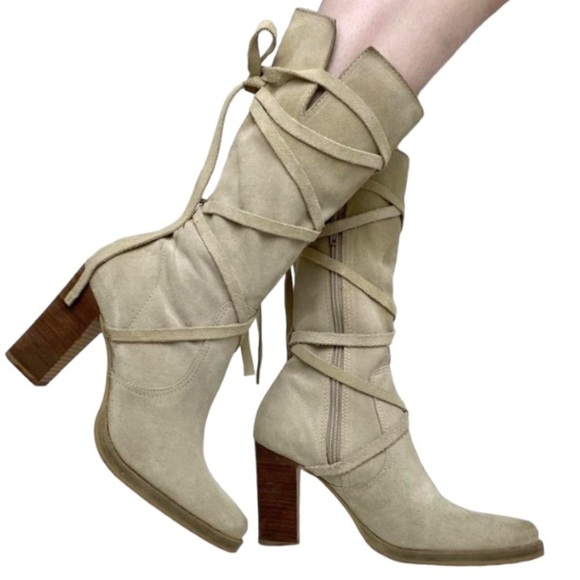Candies Scandal Suede Boots Stacked Wood Heel Wrap around Tie Accent in Ecru - Picture 1 of 10
